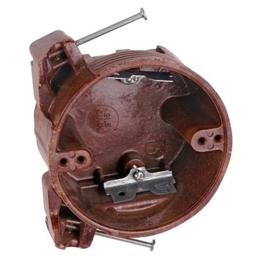 Round Ceiling/Fixture Nail-On Bracket Outlet Box, Volume 21.5 Inches, Diameter 4 Inches, Depth 2-7/16 Inches, Color Brown, Material Phenolic, Mounting Means Compound Angled Side Nails, with High Clamps