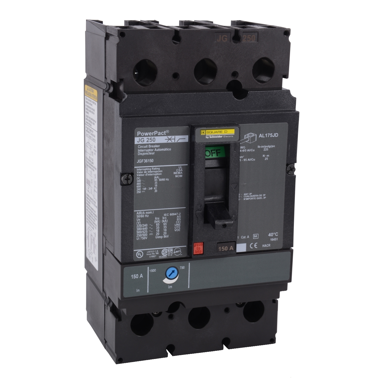 Circuit breaker, PowerPacT J, 250A, 3 pole, 600VAC, 18kA, busbar, thermal magnetic, 80%