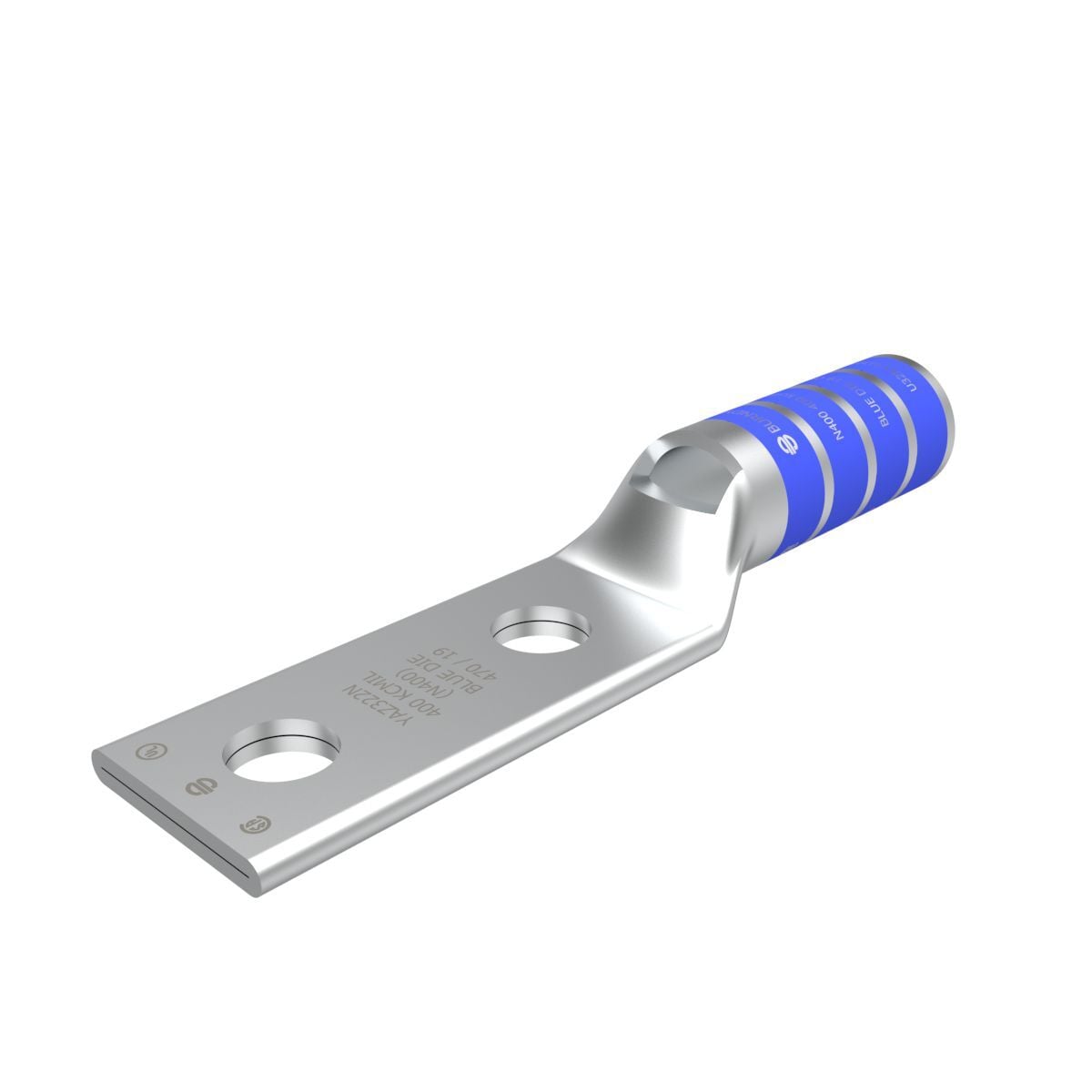 400 kcmil CU, Two Hole, 1/2 Stud Size, 1-3/4 Hole Spacing, Long Barrel, Inspection Window Internal Chamfer, Tin Plated, UL/CSA, 90?C, Up to 35kV, Blue Color Code, 19 Die Index.