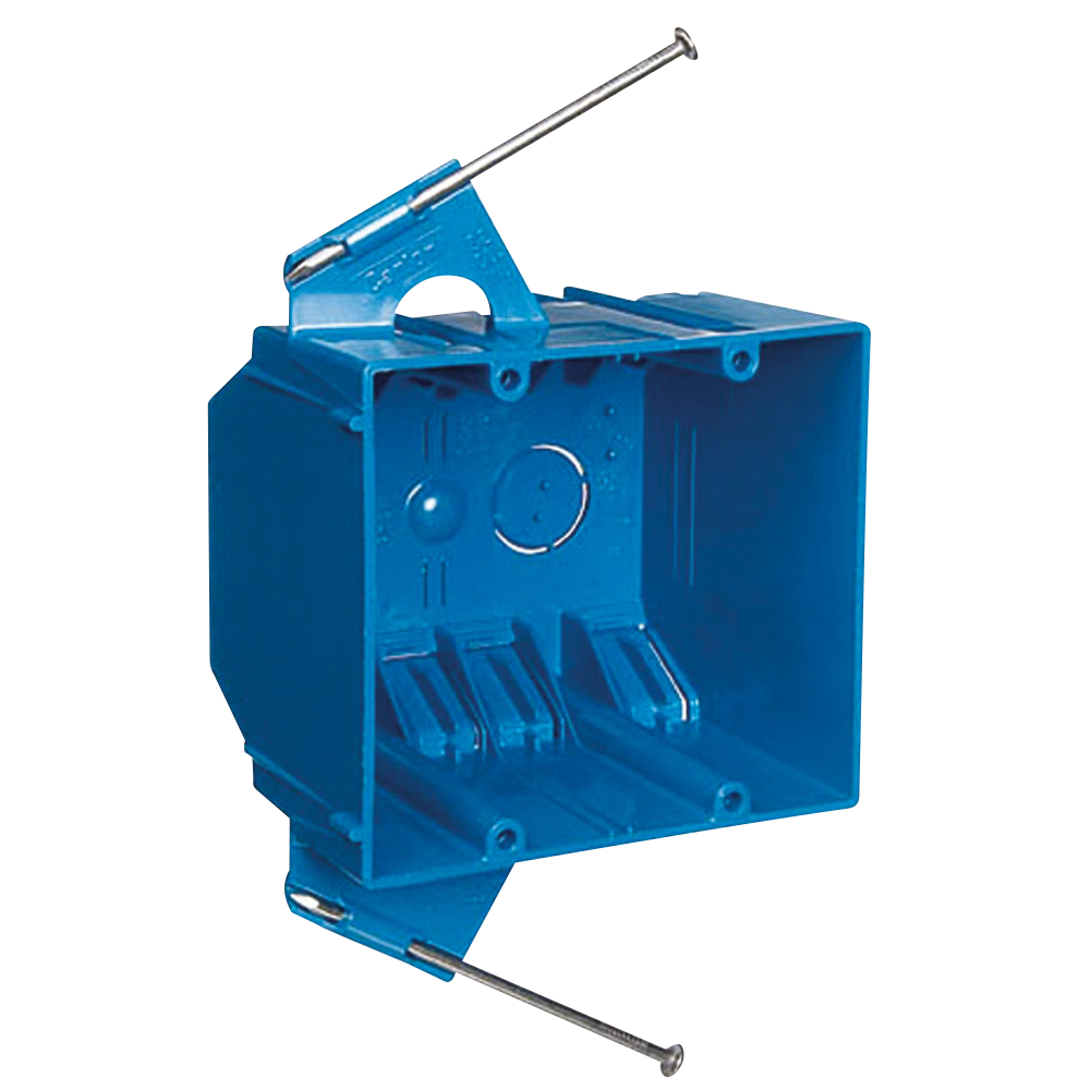 Two-Gang Nail-On New Work Outlet Box, Volume 32 Cubic Inches, Length 3-3/4 Inches, Width 4 Inches, Depth 3 Inches, Color Blue, Material PVC, Mounting Means Captive Nails