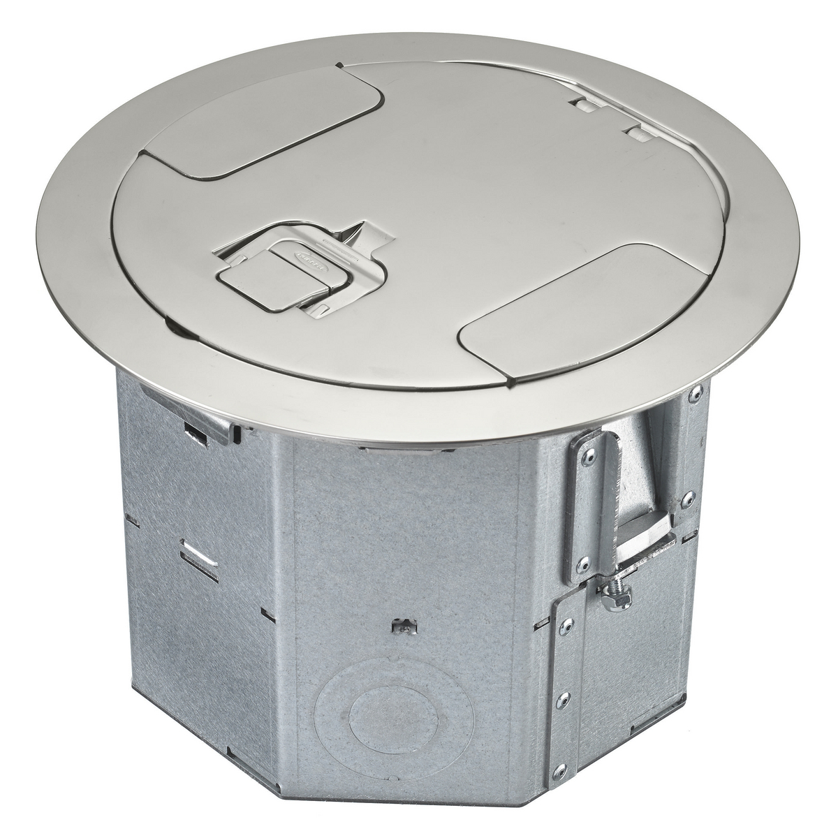 Raised Access or Wood Floorboxes, Galvanized Stamped Steel Box, Recessed, 4-Gang RAFB Series, 6.47" Deep Round Box with CFBS1R8CVRNKL Satin Nickel Plated Cover