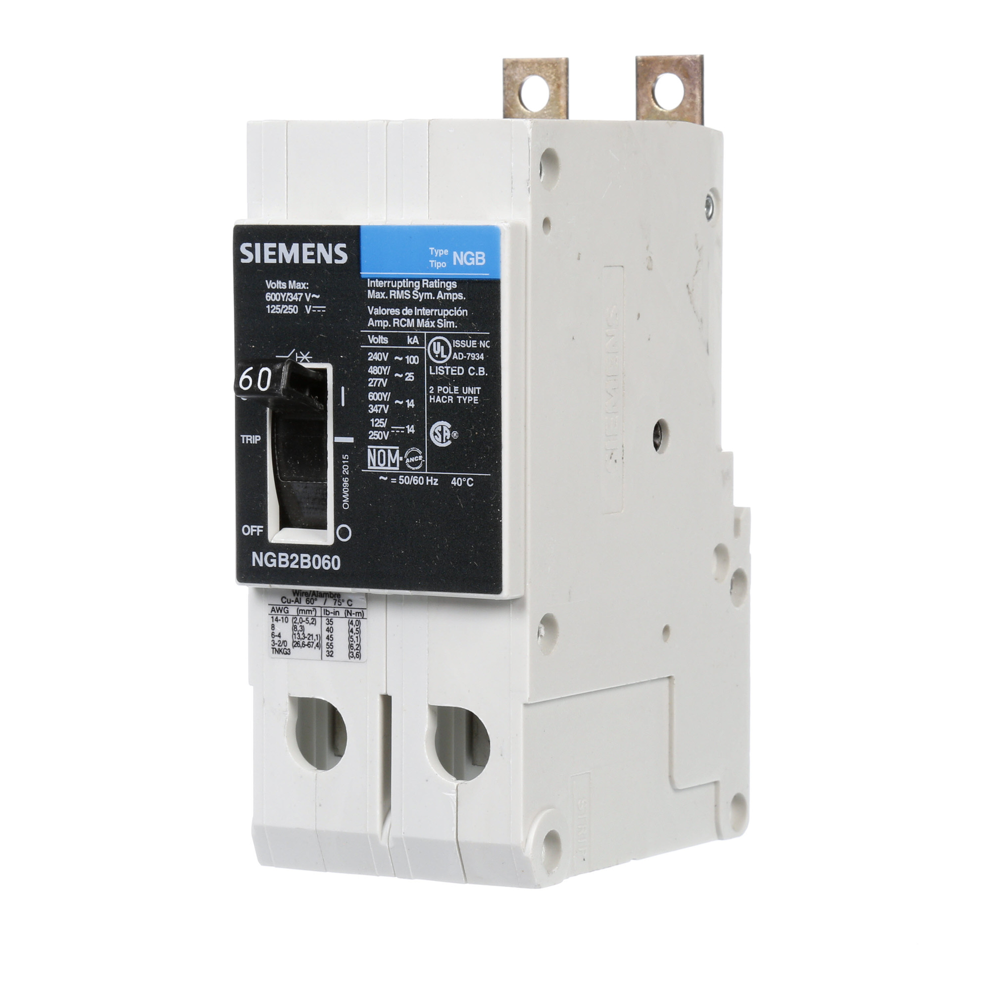  LOW VOLTAGE PANELBOARD MOUNT G FRAME CIRCUIT BREAKER WITH THERMAL - MAGNETIC TRIP. UL LISTED NGB FRAME WITH STANDARD BREAKING CAPACITY. 60A 2-POLE (14KAIC AT 600Y/347V) (25KAIC AT 480Y/277V). SPECIAL FEATURES MOUNTS ON PANELBOARD, LOAD SIDE LUGS ONLY (TC1GG20) WIRE RANGE 8 - 1/0 AWS (CU/AL). DIMENSIONS (W x H x D) IN 2 x 5.4 x 2.8.