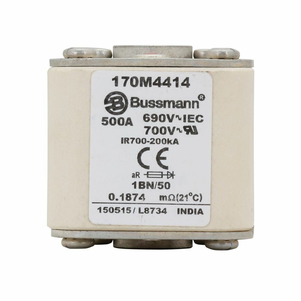Eaton Bussmann series high speed square body fuse, 700V (UL), 690V (IEC), 500A, 200 kAIC, Top fuse status indicator, Fuse, Class aR, Flush - 170M4414