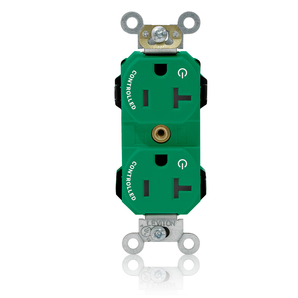Modular Duplex Receptacle Narrow Body Design, Fed Spec Grade, 2-Pole 3-Wire, NEMA 5-20R, 20A-125V, Commercial Spec Grade, Green, 2 Plug Controlled Markings.