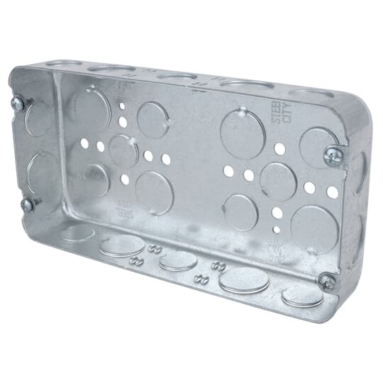 Three Gang Drawn Style Box, 58 Cubic Inches, 8-5/8 Inches Long x 4-1/2 Inches Wide x 1-5/8 Inches Deep, Drawn Construction with 1/2 Inch and 3/4 Inch Knockouts, For use with Conduit