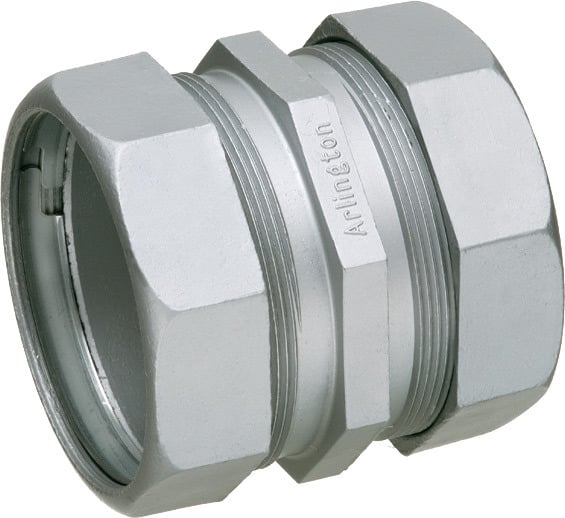 Zinc die-cast EMT compression coupling. For use with steel and aluminum EMT, IMC, and rigid conduit. Concrete tight and rain tight. Trade Size 4".