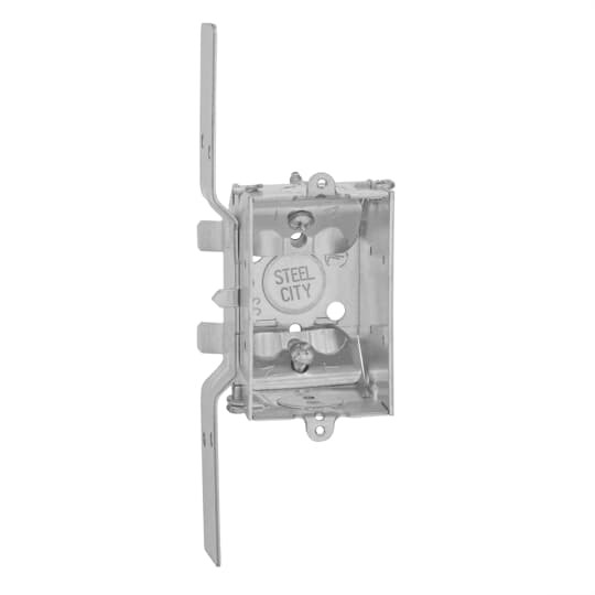 Gangable Switch Box, 10.5 Cubic Inches, 3 Inches Long x 2 Inches Wide x 2-1/4 Inches Deep, 1/2 Inch Knockouts, Pre-Galvanized Steel, Beveled Corners, Non-Metallic Cable Clamps (C-1) and CV Bracket Recessed 3/4 Inches, For Non-Metallic Sheathed Cable