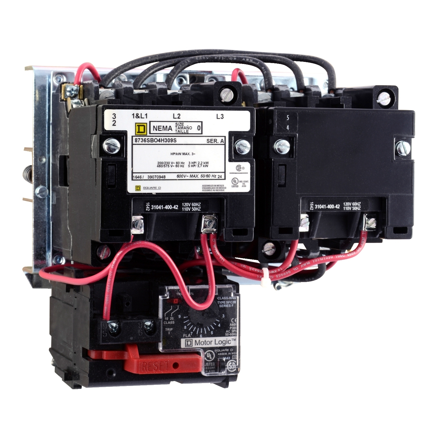 NEMA starter, Type S, reversing, horizontal, Size 1, 27A, 10HP at 575VAC, up to 100kA SCCR, 3 phase, 3 pole, Motor Logic SSOLR, 120VAC coil, open [TAA]