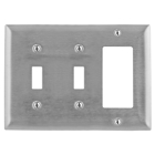 Hubbell Wiring Device Kellems, Wallplates and Boxes, Metallic Plates, 3-Gang, 2) Toggle 1) GFCI Openings, Standard Size, Stainless Steel