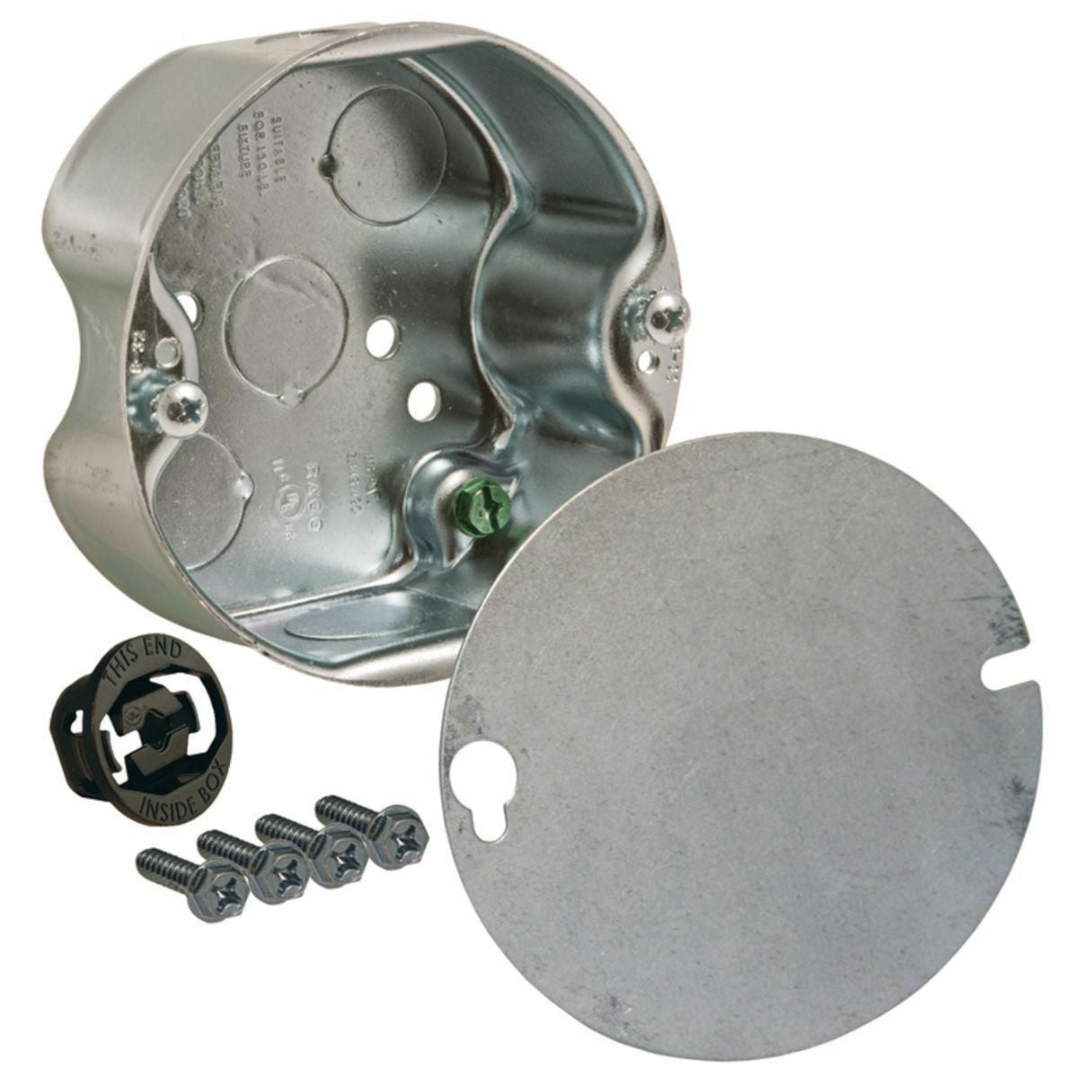 4 In. Round Ceiling Box - Drawn with Conduit KO's, 1-1/2 In. Depth,1/2In. side KO's