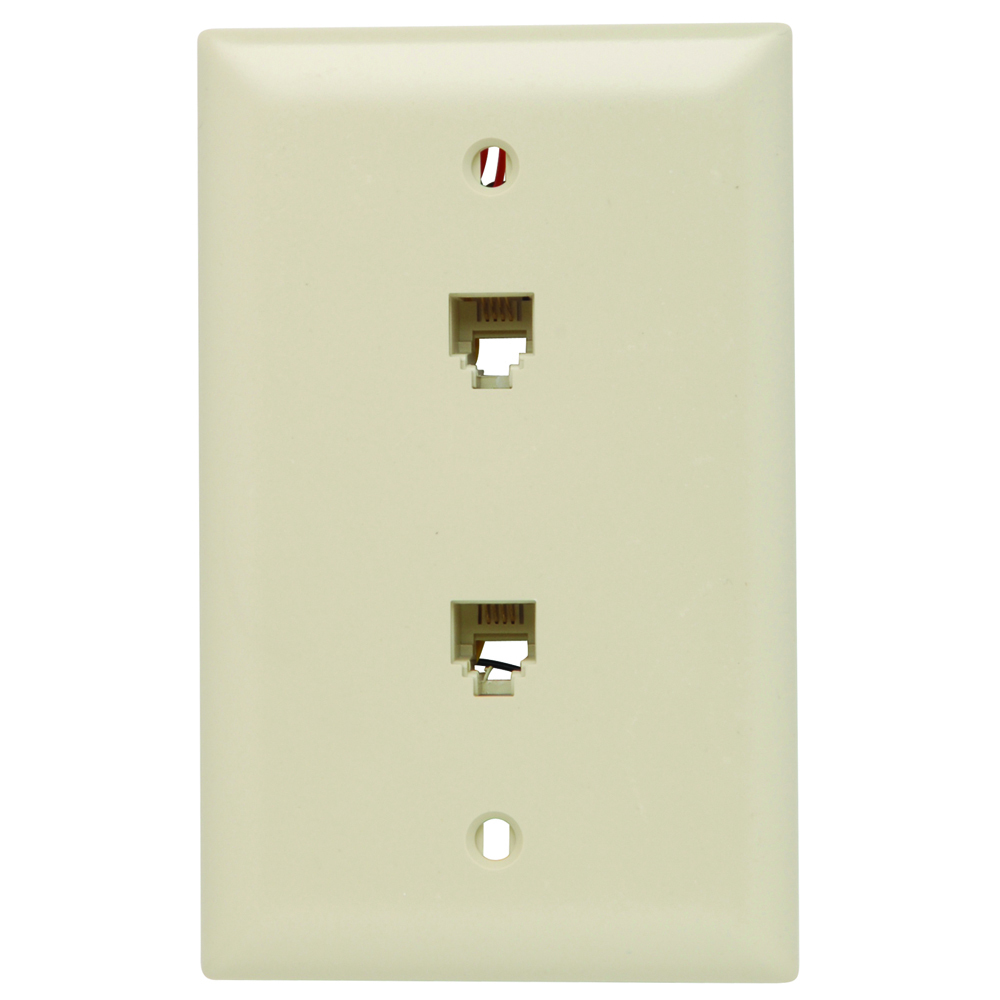 Single gang, two modular four conductor rj11 telephone jacks with wall plate. Ivory.