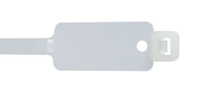 Identification Cable Tie, Natural Polyamide (Nylon 6.6) for Temperatures up to 85 Degrees Celsius (185 F) for Indoor Applications, Length of 194.46mm (7.656 Inches), Width of 4.52mm (0.178 Inches), Thickness of 1.34mm (0.053 Inches), Tensile Strength Rating of 222 Newtons (50 Pounds), Marking Pad Size of 27.56mm (1.085 Inches) x 13.26mm (0.522 Inches), Bulk Pack