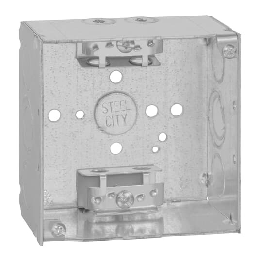 Square Box, 30.3 Cubic Inches, 4 Inch Square x 2-1/8 Inch Deep, 1/2 Inch and 3/4 Inch Eccentric Knockouts, Pre-Galvanized Steel, with Armored Cable Clamp (C-3), For Use with Armored/Metal Clad Cable