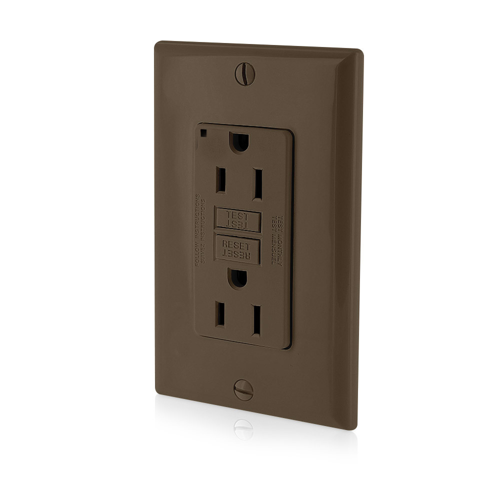 15 Amp, 125 Volt Receptacle/Outlet, 20 Amp Feed-Through, Self-test SmartLock Pro Slim GFCI, monochromatic, back and side wired, nylon wallplate/faceplate and self grounding clip included - Brown