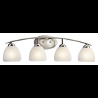 This 4 light bath light from the Kichler Calleigh(TM) Collection features satin etched goblets of cased opal glass balancing on an arched and tapered arm in Brushed Nickel providing a clean, crisp contemporary flair. May be installed with the glass up or down.