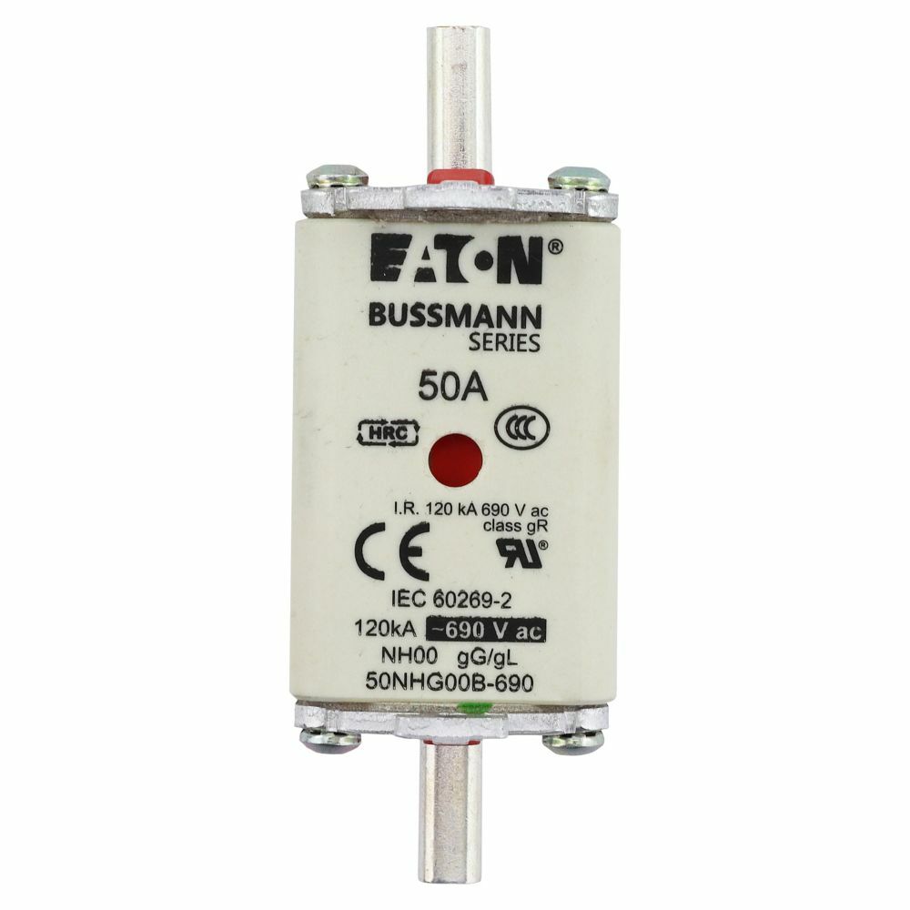 Eaton Bussmann series low voltage NH Fuse, Live gripping lug, 690V, 50A, 120 kAIC, Combination fuse status indicator, fuse, Blade end connection, Class C gL/gG, Square-body with knife blade contact, Ceramic body