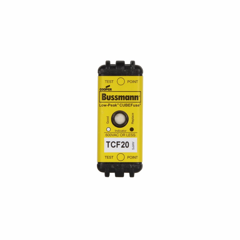 Eaton Bussmann series TCF fuse, Finger safe, 600 Vac/300 Vdc, 20A, 300 kAIC at 600 Vac, 100 kAIC at 300 Vdc, Indicating, Time delay, inrush current withstand, Class CF, CUBEFuse, Glass filled PES
