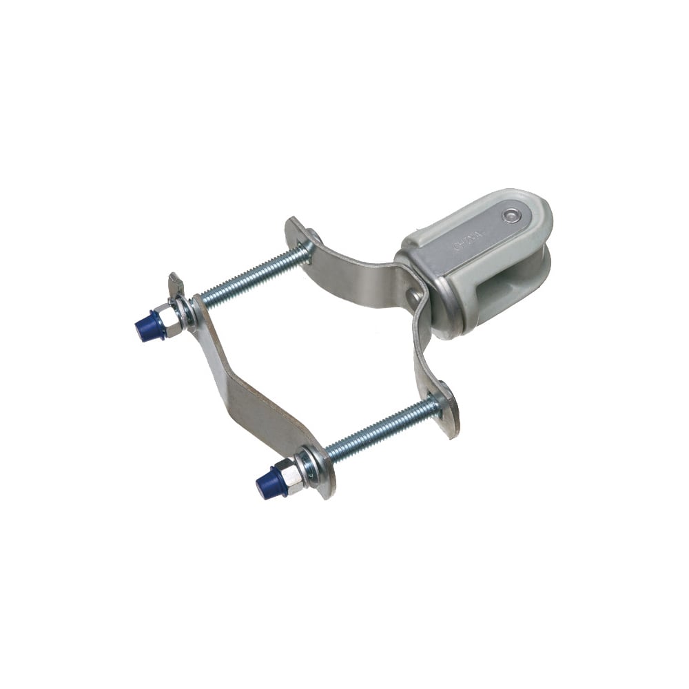 Porcelain wire holder with steel clip, fits 1-1/4 to 3" pipe.