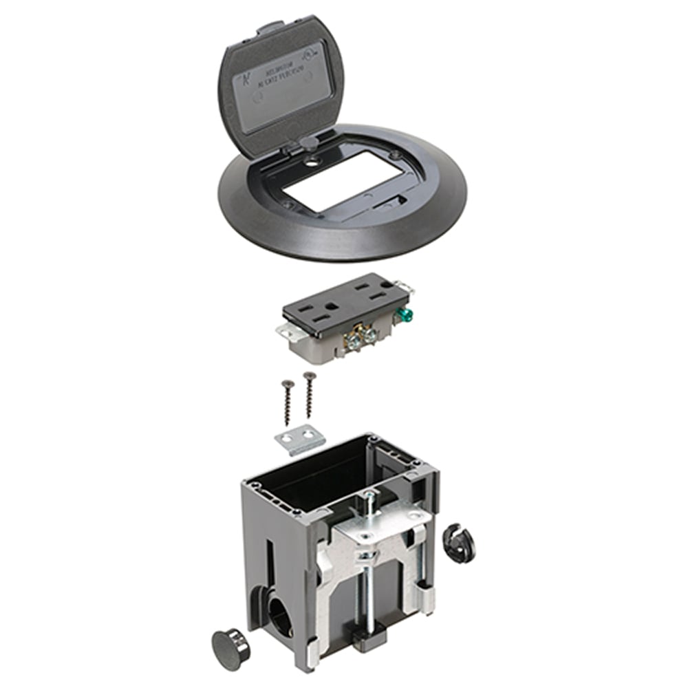 Non Metallic adjustable floor box. Black with flip lids. Includes tamper resistant duplex receptacle, cover plate with gasket and Arlington NM94 connector and Arlington NM900 knockout plug.