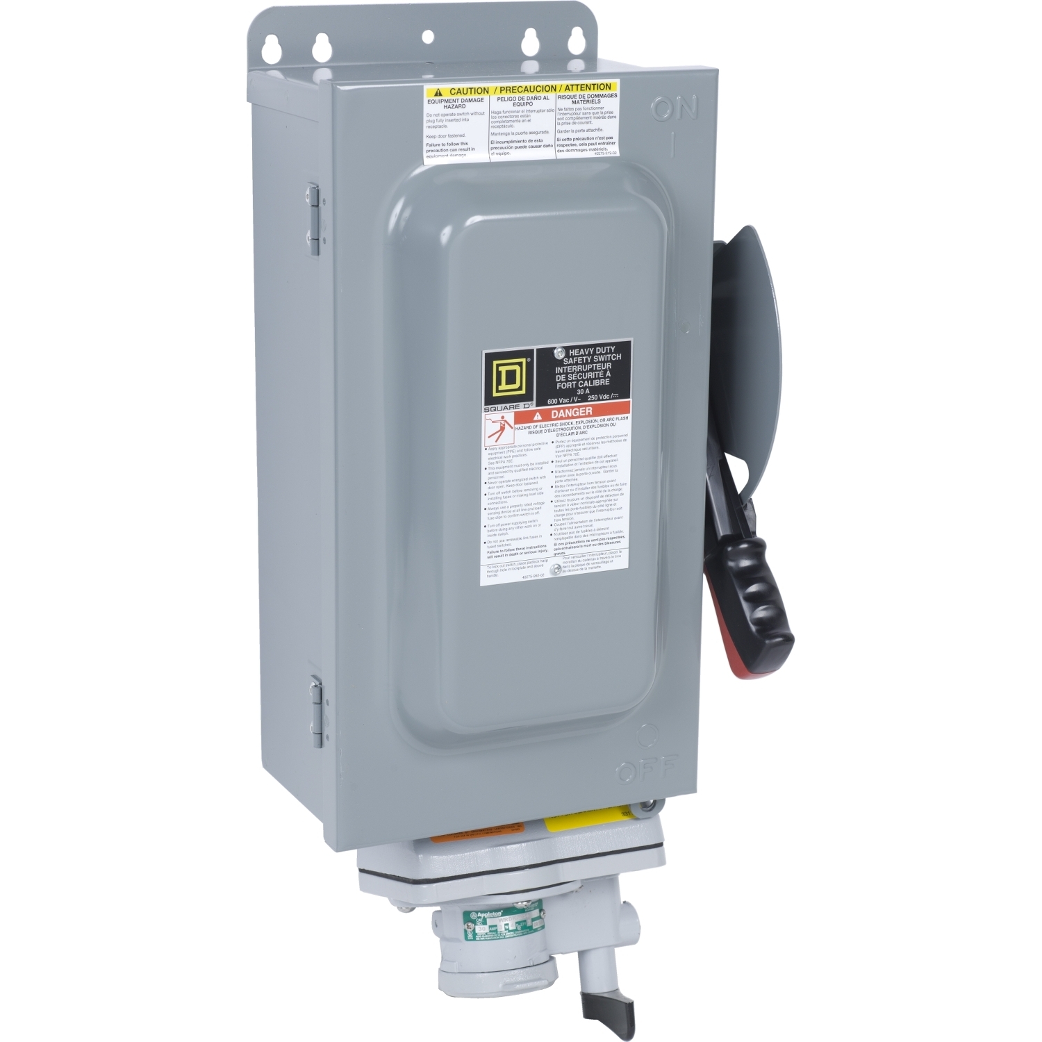 Safety switch, heavy duty, non fusible, 30A, 600VAC, 600VDC, 3 poles, 20hp, NEMA 12K, Appleton Powertite receptacle