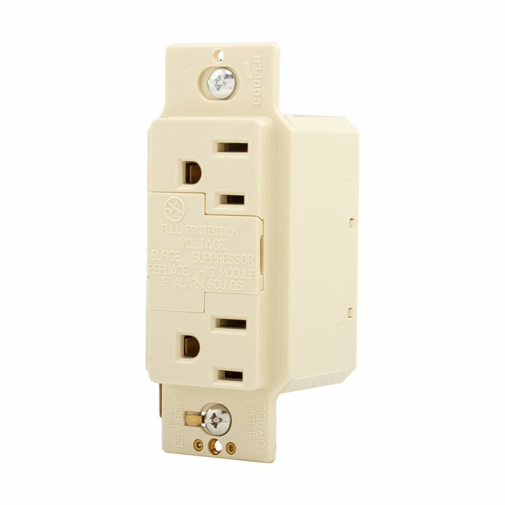 Eaton SurgeBloc protection receptacle, Audible alarm, auto-ground, Stand 6" #12 AWG leads, 15A, Comm, Wire leads, 340J, 2 recept, 0 to 40C, Ivory, Brs, Strght blade, Polycarb top and bottom, 5-15R, Dplx 570865 570865