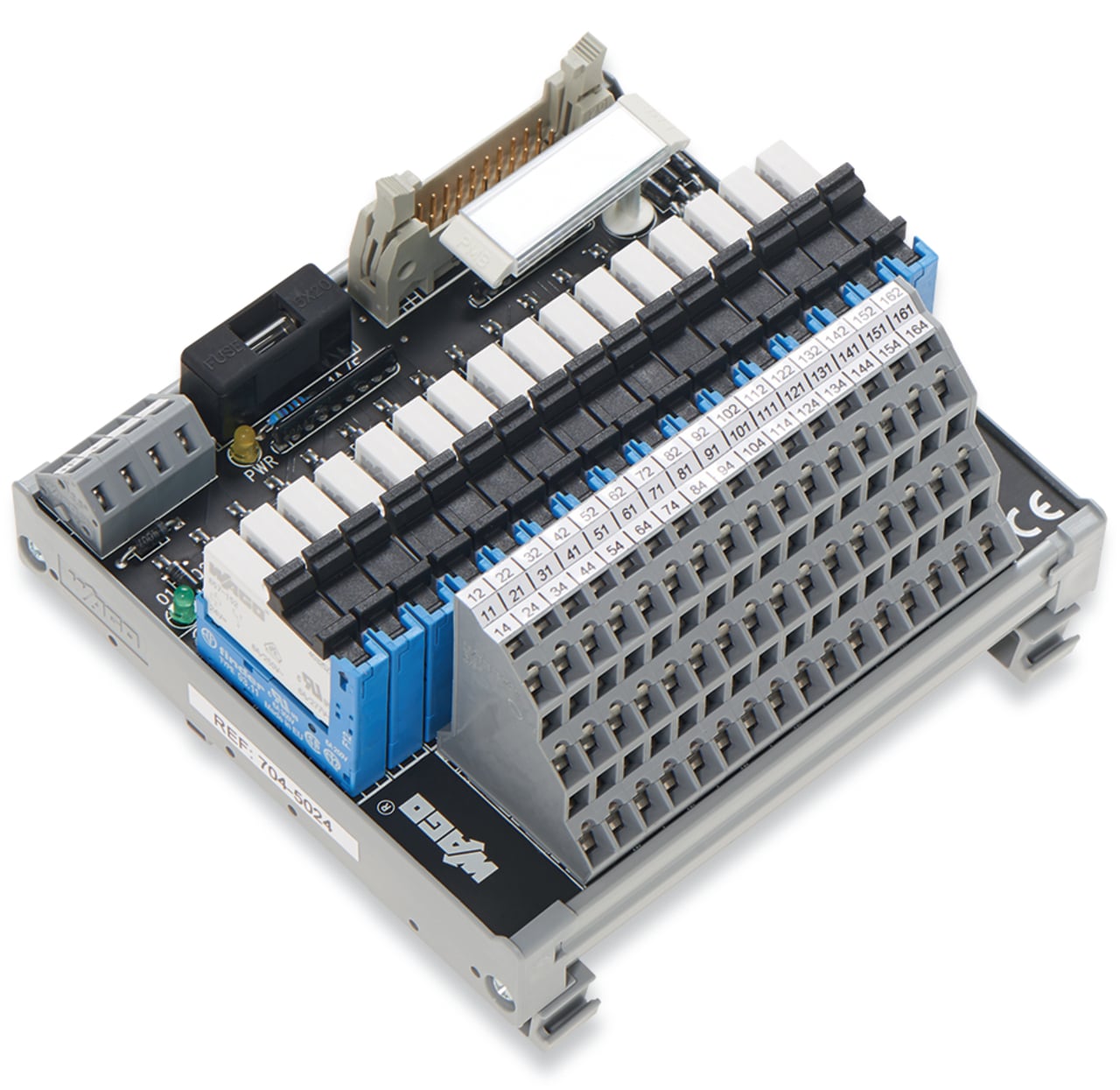 Interface module for system wiring; Pluggable connector per DIN 41651; Male connector; 20-pole; 16-channel relay output; 1 changeover contact; Triple-deck PCB terminal blocks; in mounting carrier; 2,50 mm