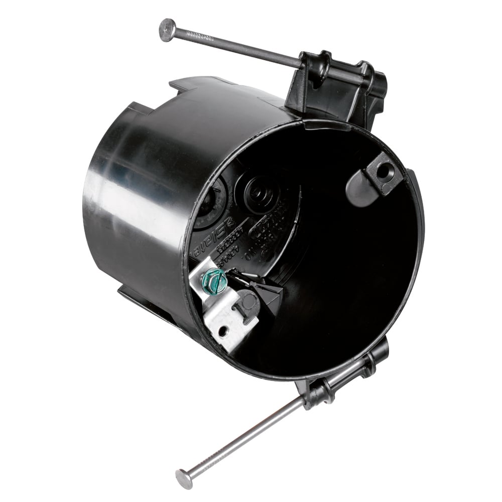 3 1/4 Round Ceiling Box with two captive mounting nails and ground lug. Four Auto/Clamps. 50 pack.
