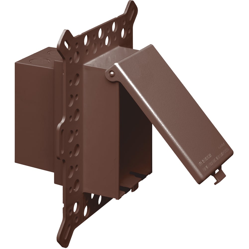 Low Profile Inbox for new construction for stucco, textured and rigid siding. Vertical with weatherproof while in use. Extra Duty brown cover.
