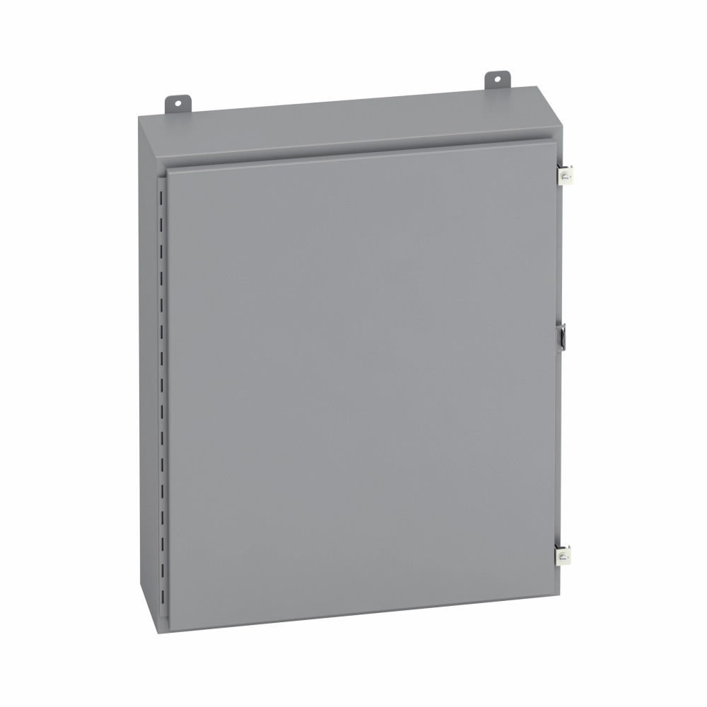 Eaton B-Line series wall mounted panel enclosure, 20" height, 6" length, 20" width, NEMA 12, Hinged cover, 12 enclosure, Wall mount, Medium single door, External mounting feet, Carbon steel, Seamless poured in-place gasket