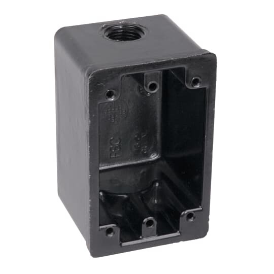 One-Gang Weatherproof Device Box, Volume 16 Cubic Inches, Length 4-7/16 Inches, Width 1-25/32 Inches, Depth 2-9/16 Inches, Color Browm, Material Phenolic, Mounting Means One 1/2 Inch Threaded Knockout in Each End