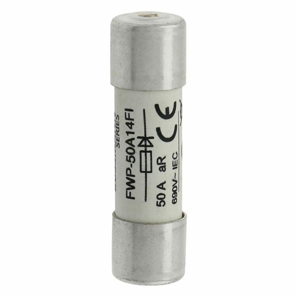 Eaton Bussmann series FWP high speed fuse, 690 Vac (IEC), 700 Vac (UL), 600 Vdc (UL), 50A, 200 kAIC at 700 Vac, 50 kAIC at 600 Vdc, With Indicator, High speed fuse, Ferrule end X ferrule end, Class aR, White, Ceremic