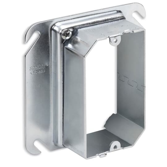 Single Gang Adjustable Mud Ring, Adjusts from 1/2 Inch to 1-1/2 Inch, Pre-Galvanized Steel, For use with 4 Inch Square Boxes