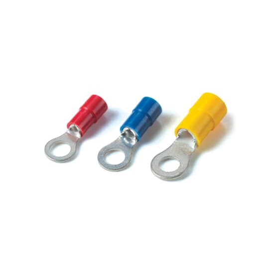 Vinyl Insulated Ring Terminal, Length 1.088 Inches, Width .500 Inches, Maximum Insulation .210, Bolt Size 1/4 Inch, Wire Range #12-#10 AWG, Color Yellow, Copper, Tin Plated