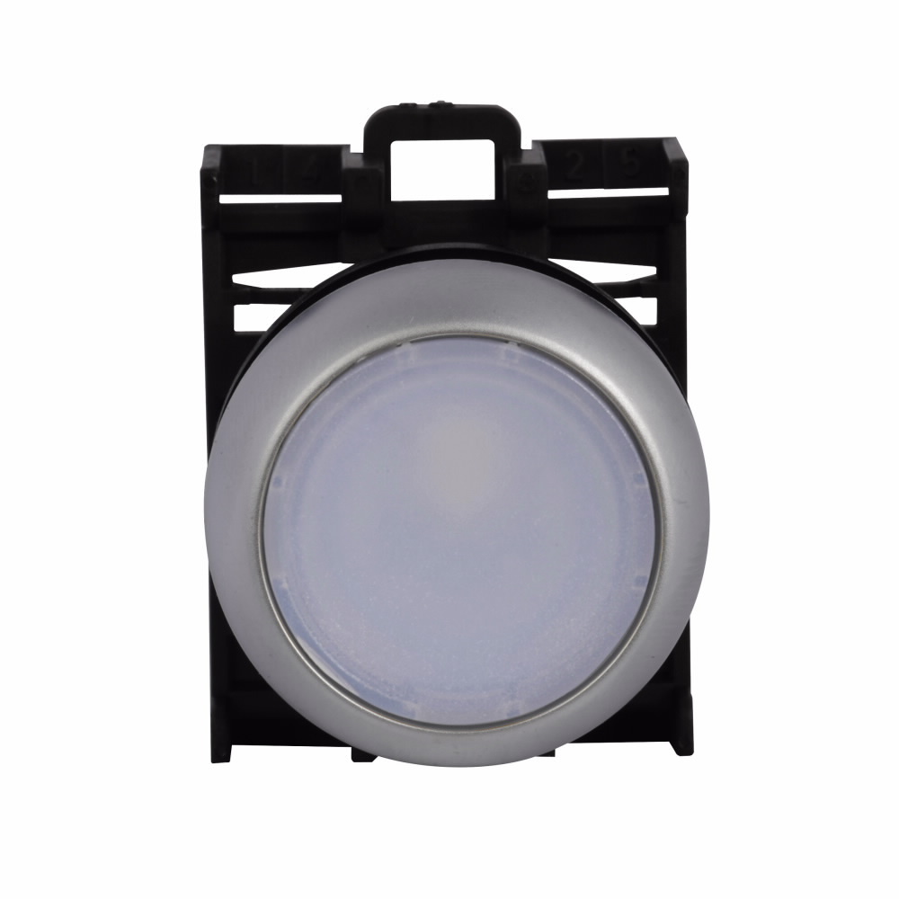 Eaton M22 modular pushbutton, 22.5 mm, Flush, Momentary, Illuminated, Bezel: Silver, Button: White, IP67, IP69K, NEMA 4x, 13, 5,000,000 Million mechanical operations