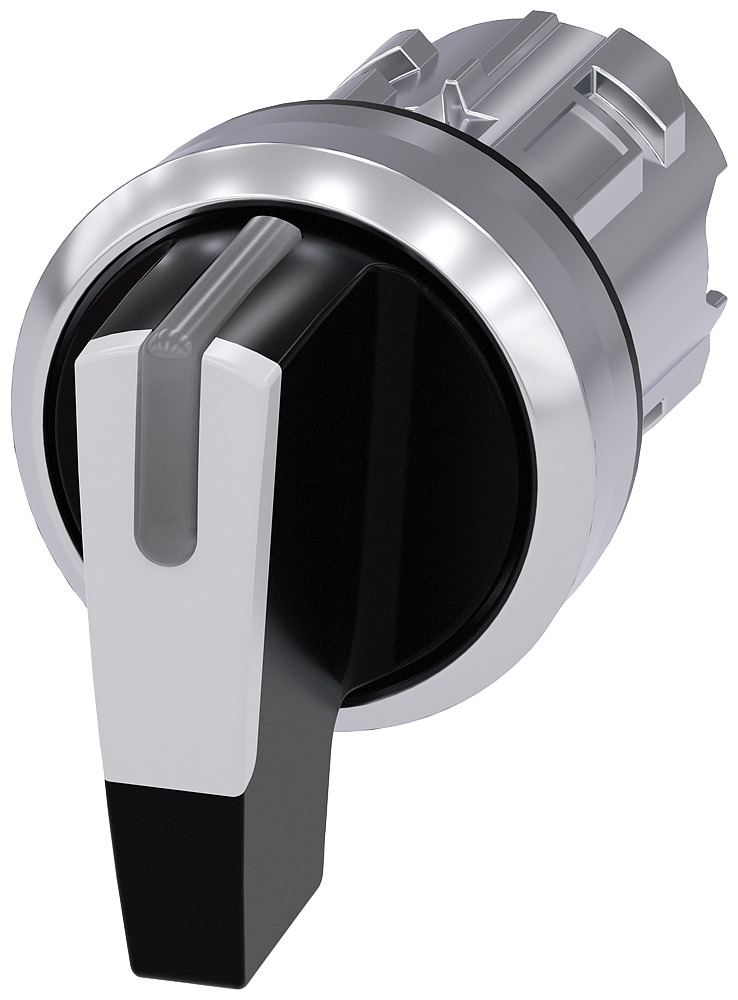 Selector switch, can be illum., 22mm, round, metal, shiny, black, white, long selector switch, 3 switch positions i-o-ii, latching, actuating angle 2x45 deg., 10 30h/12h/13 30h