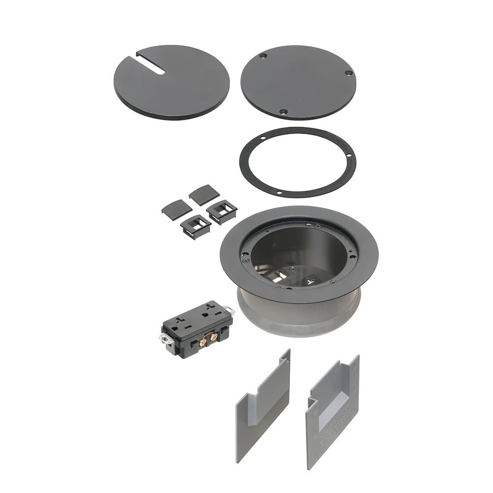 Two low voltage openings. Ultra-thin stamped steel black powder-coated flange cover, flush-to-floor in-use and blank cover. Installed UL Listed 20A tamper-resistant decorator-style receptacle.