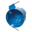 Ceiling Box, Volume 20 Cubic Inches, Diameter 4 Inches, Depth 2-1/4 Inches, Color Blue, Material Polycarbonate, Mounting Means Captive Nails, with Ground Lug and Screw Attached, Fixture Spacing for 2-3/4 Inches and 3 Inches