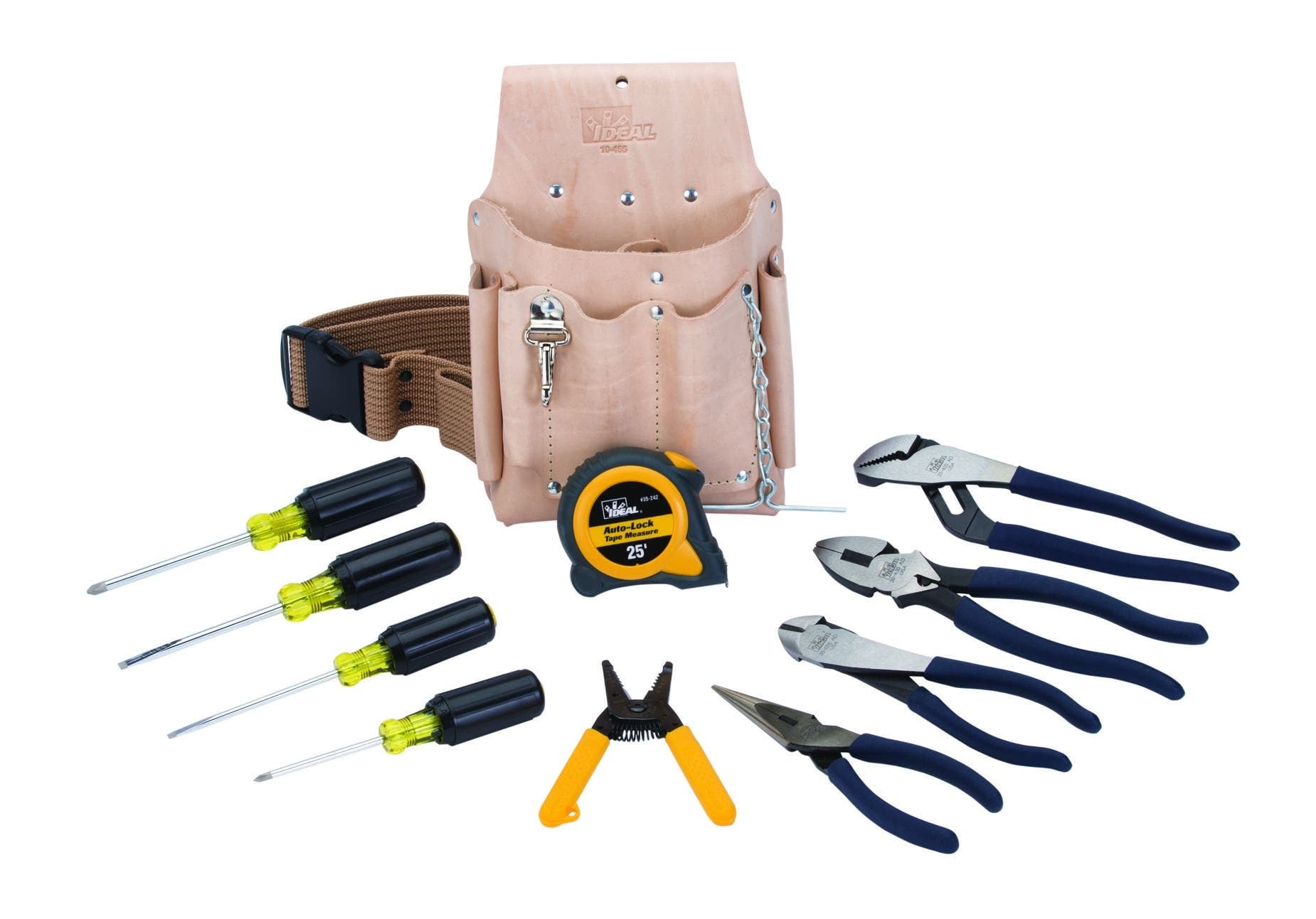 IDEAL, Hand Tool Kit, WireMan, Consist Of 1: 35-5012 WM 9 1/4 IN Side Cutter Pliers, Consist Of 2: 35-5028 WM 8 IN Diagonal Pliers, Consist Of 3: 35-5038 8 IN Long-Nose Pliers, Consist Of 4: 35-5430 10 IN Tongue & Groove Pliers, Consist Of 5: 45-120 T-5 T-Stripper Wire Stripper, Solid 10-18, Stranded 12-20, Includes: 35-193 Phillips Screwdriver For #1 Phillips Head Screws 3/16 IN Diameter X 3 IN Long Shank, 35-194 Phillips Screwdriver, For #2 Phillips Head Screws, 1/4 IN Diameter X 4 IN Long Shank, 35-184 Electrician's Cabinet Tip Screwdriver, 3/16 IN Diameter X 4 IN Long Shank, 35-164 Heavy-Duty Slotted Keystone Tip Screwdriver, 1/4 IN Diameter X 4 IN Long Shank, 35-242 25 FT Automatic Blade Lock Measuring Tape, 10-466 Electrician's Pouch 6 Pocket, 10-398 Web Belt, Number Of Pieces: 12