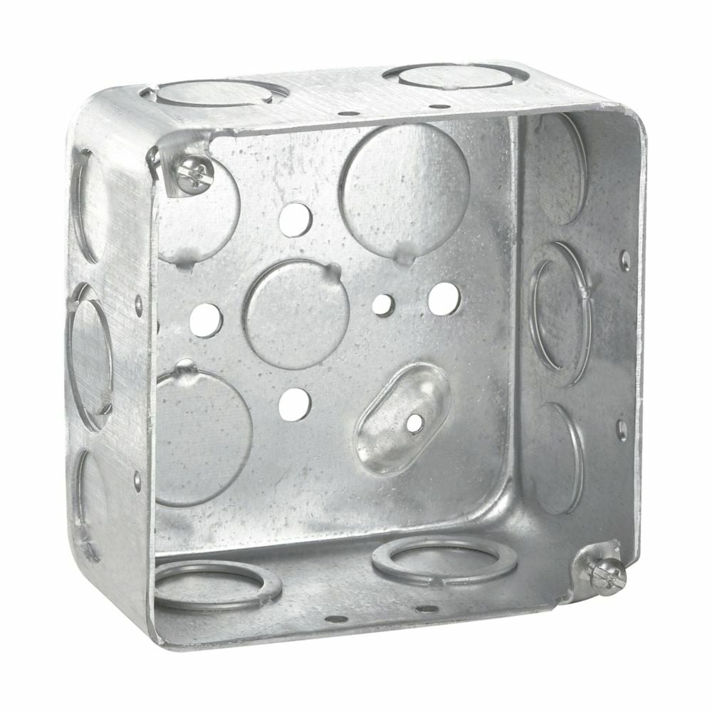 Eaton Crouse-Hinds series Square Outlet Box, (3) 1/2", (2) 3/4", 4", Conduit (no clamps), Drawn, 2-1/8", Steel, (4) 1/2", (6) 1/2", (1) 3/4" C, Includes ground screw with pigtail lead, 30.3 cubic inch capacity