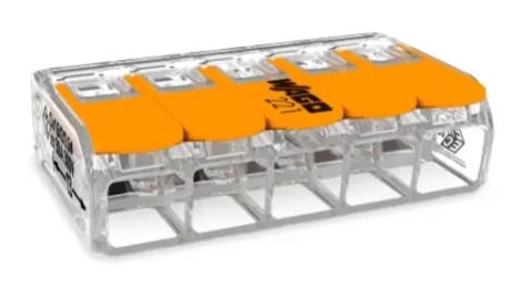 LEVER-NUTS® splicing connector; 5-conductor with operating levers; 20-10 AWG; transparent housing; Bag of 500 pieces