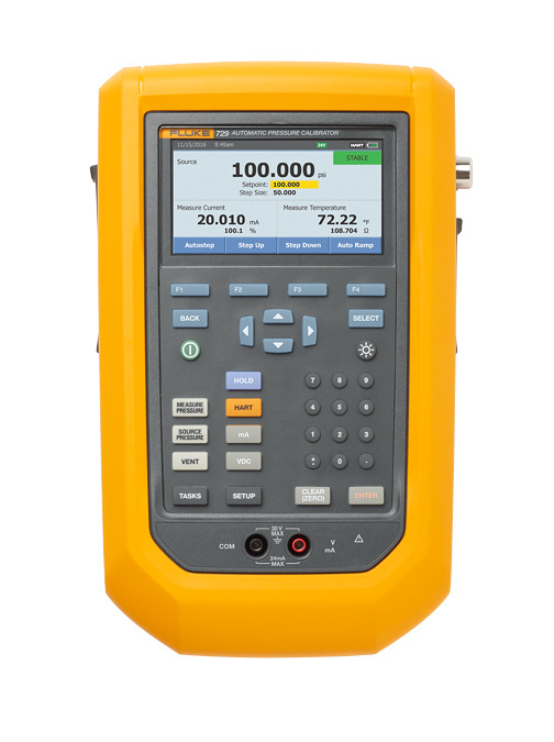 The Fluke 729 300G, -12.000 to 300.000 psi -0.8273 to 20.6843 bar -82.73 to 2068.43 kPa No wireless communication. The Fluke 729 Automatic Pressure Calibrator has been designed specifically with process technicians in mind to simplify the pres-sure calibration process and provide faster, more accurate test results. Technicians know that calibrating pressure can be a time-consuming task, but the 729 makes it easier than ever with an internal electric pump that provides automatic pressure generation and regulation in an in an easy-to-use, rugged, portable package.