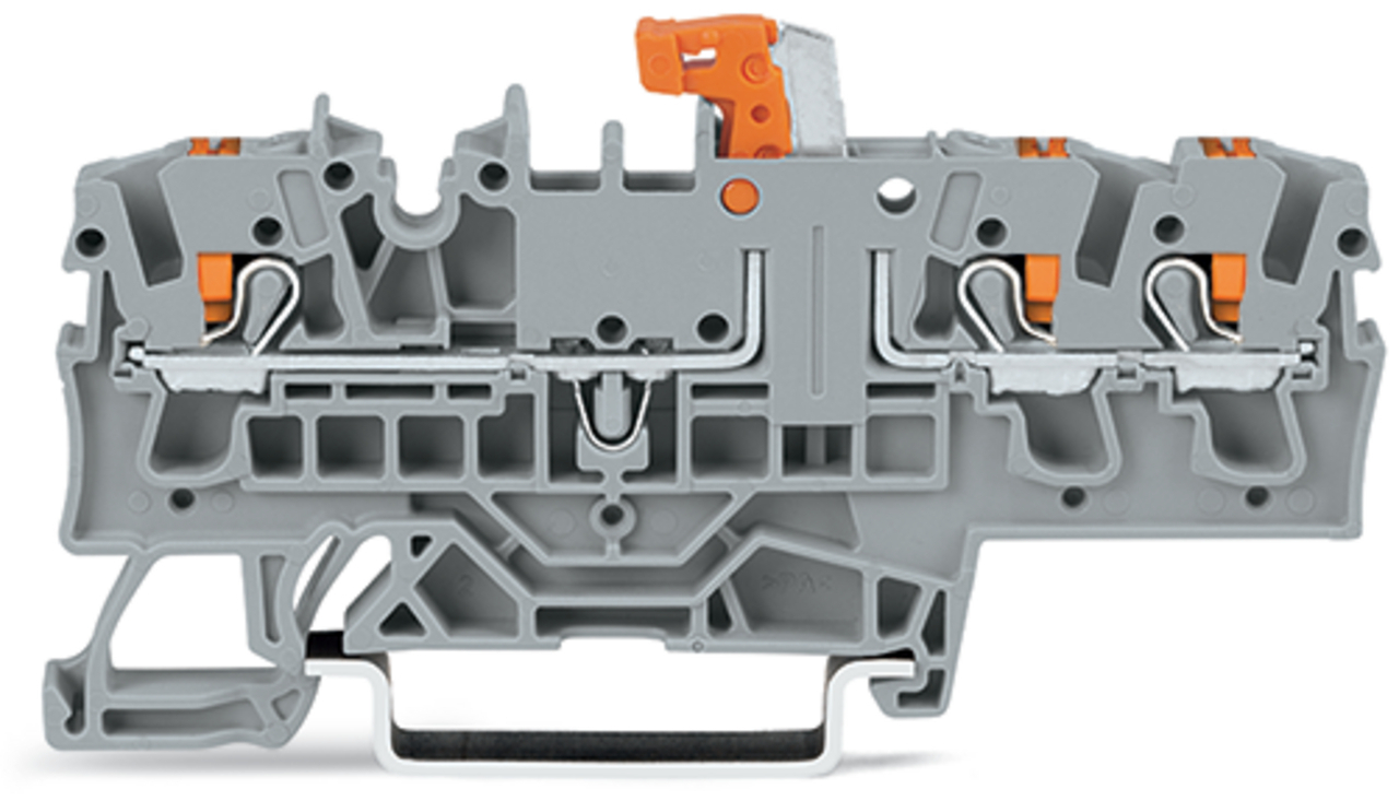 3-conductor disconnect/test terminal block; with push-button; with test option; orange disconnect link; for DIN-rail 35 x 15 and 35 x 7.5; 2.5 mm; Push-in CAGE CLAMP; 2,50 mm; gray