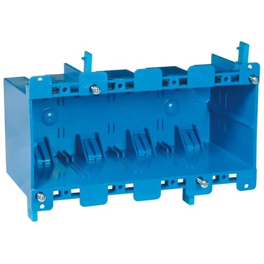 Four-Gang Old Work Outlet Box, Volume 71 Cubic Inches, Length 7.57 Inches, Width 2.89 Inches, Depth 3.56 Inches, Color Blue, Material PVC, Mounting Means Mounting Ears and Two Swing Clamps