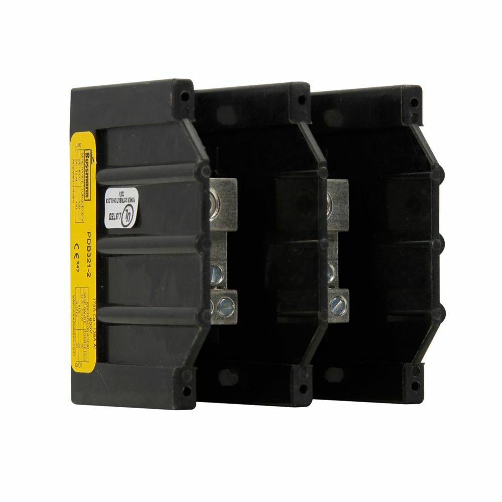 Eaton Bussmann series PDB power distribution block, IP-20 Finger-safe, 600 Vac, 600 Vdc, 175 A, Two-pole, SCCR: 200 kA, Panel, Tin-plated aluminum connectors