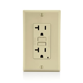 20 Amp, 125 Volt Receptacle/Outlet, 20 Amp Feed-Through, Self-test SmartLock Pro Slim GFCI, monochromatic, Residential/Commercial applications, back and side wired, heavy duty, wallplate/faceplate and self grounding clip included, NAFTA Compliant - Ivory