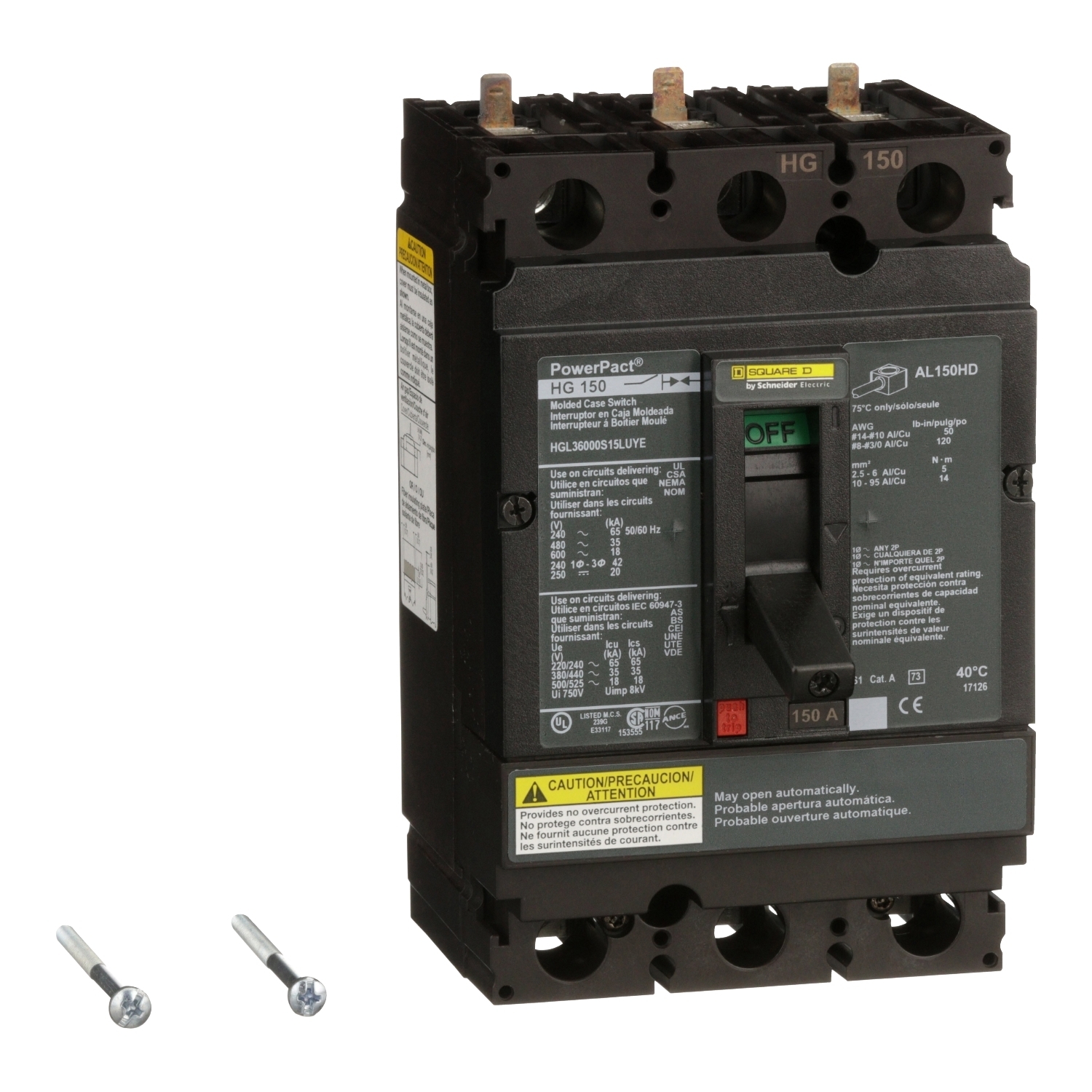 Automatic switch, PowerPacT H, 150A, 3 pole, 600VAC, 18kA, lugs, magnetic, control wire ON end, handle ext