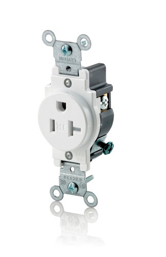 T5020-W Single Receptacle Outlet, Commercial Specification Grade, Tamper-Resistant, 20 Amp, 125V, NEMA 5-20R, 2 Pole, 3 Wire, White
