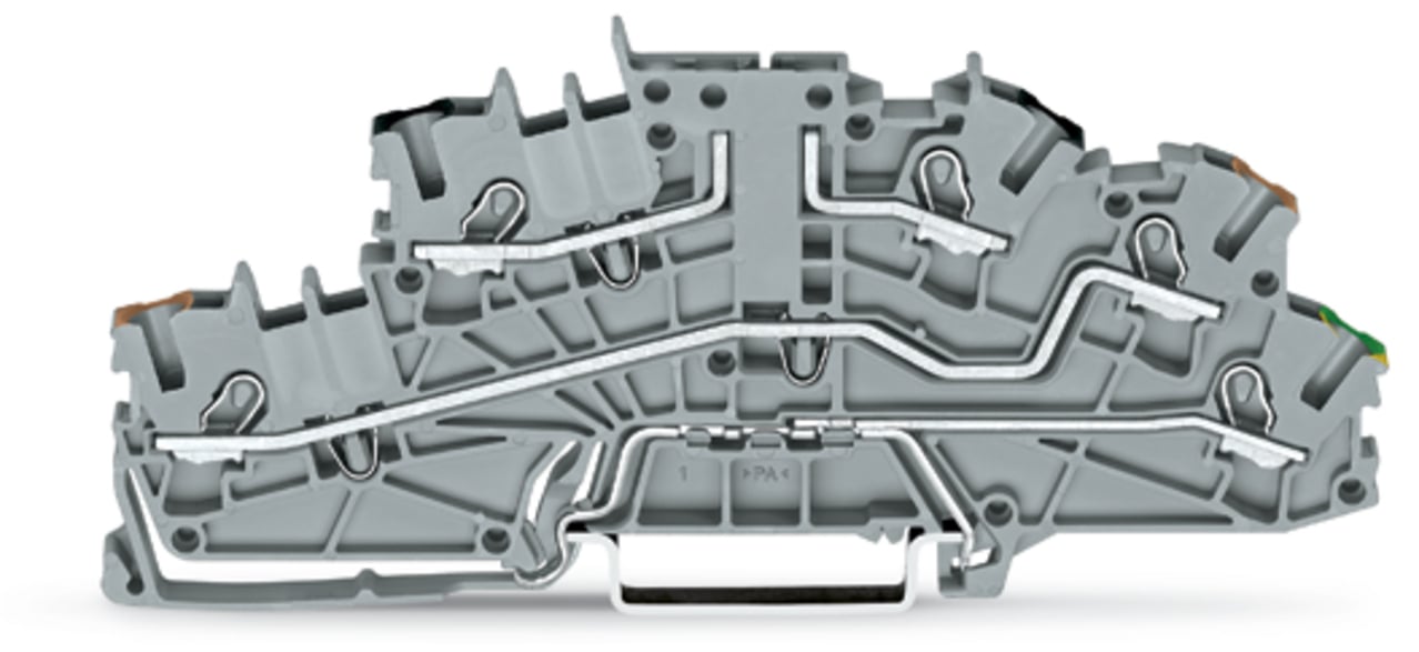 Multilevel installation terminal block; with operating slots; 2.5 mm; Carrier terminal block without knife; P2/P1/PE; black upper deck; brown middle deck; green-yellow lower deck; Push-in CAGE CLAMP; 2,50 mm; gray
