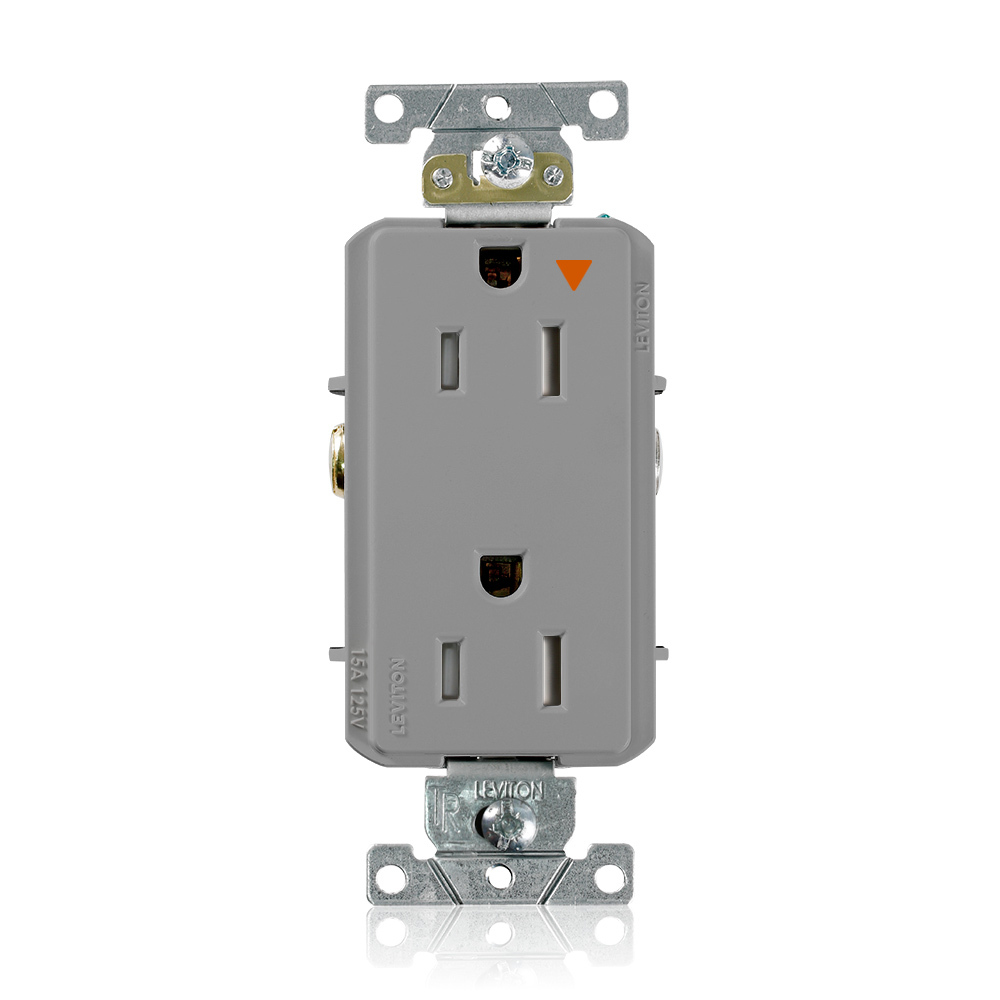 Decora Plus Duplex Receptacle, Tamper-Resistant, Isolated Ground, 2-Pole 3-Wire Grounding, NEMA 5-15R, 15A-125V   Back And Side Wired, Gray.  1-piece Ground.