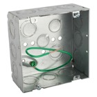 Square Box, 42 Cubic Inches, 4-11/16 Inches Square x 2-1/8 Inches Deep, 1/2 Inch and 3/4 Inch Eccentric Knockouts, Pre-Galvanized Steel, Welded Construction, Suitable for use without a Bonding Jumper in Circuits Above or Below 250 Volts and 10-1/2 Inch #12 AWG Solid Wire Pigtail, For use with Conduit